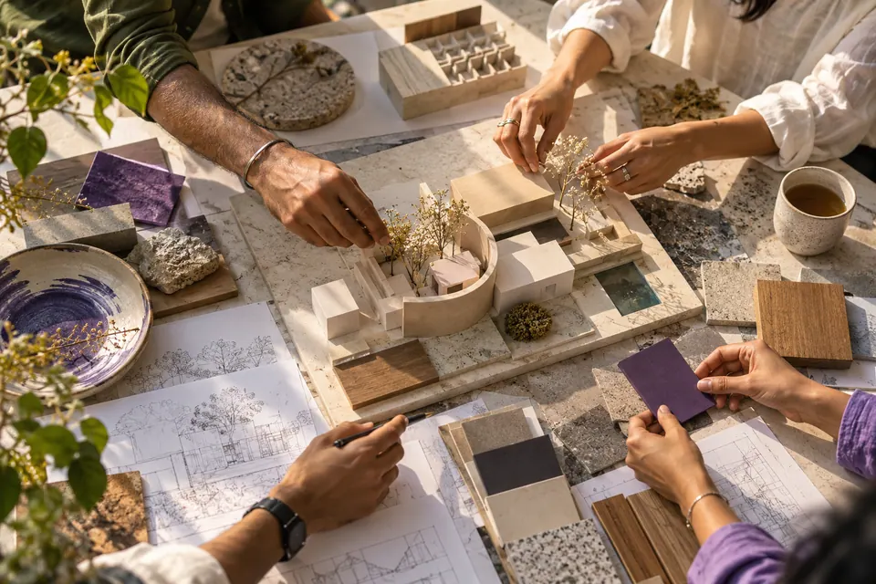 A beautifully composed overhead view of a creative worktable with folded paper models, natural materials