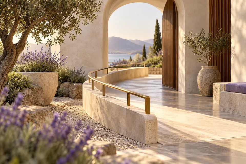 An elegant architectural miniature of a broad gently sloping accessible ramp flowing through a sculptural open doorway and planted courtyard, welcoming inclusive design without stairs