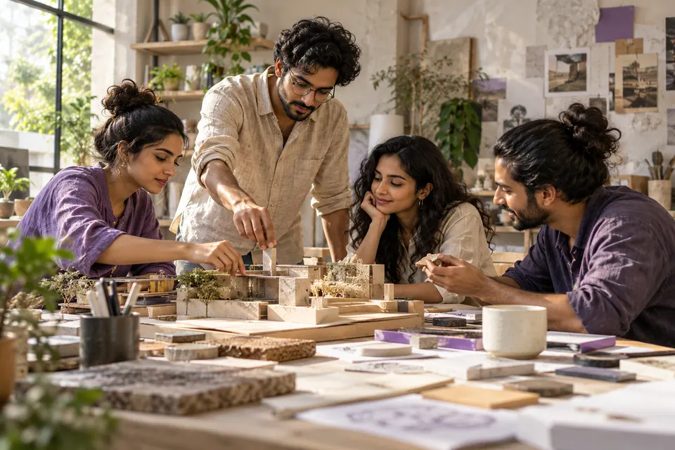Candid editorial photograph of a diverse small group of adult Indian creative professionals collaborating at a bright studio workbench, natural expressions and posture