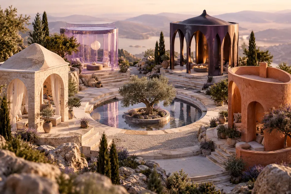 Four sculptural pavilions with different architectural forms arranged around a circular courtyard, each with its own material character