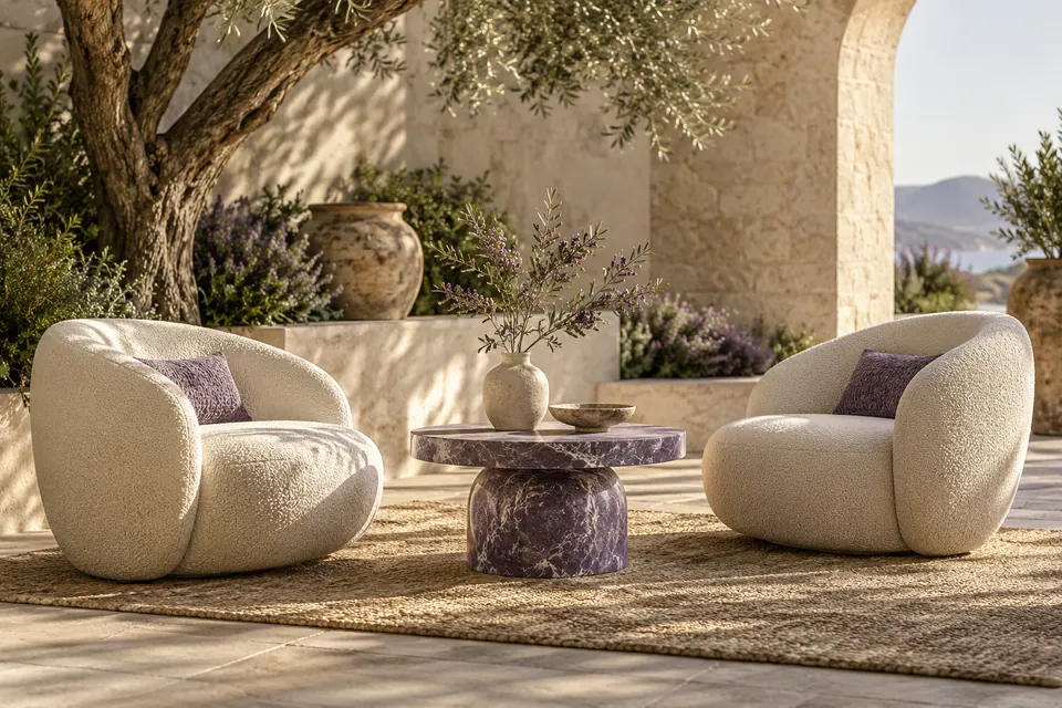 Two sculptural contemporary lounge chairs facing one another across a small violet stone table with a simple ceramic vase and branch, warm inviting courtyard