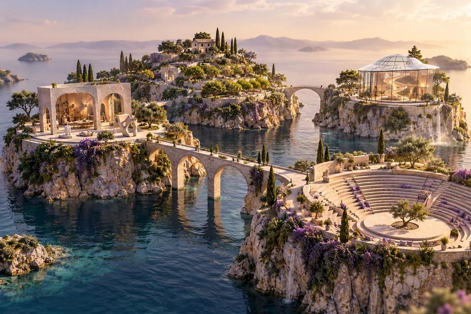 A sweeping conceptual landscape of four distinct islands linked by elegant bridges: an architectural studio, a terraced orchard