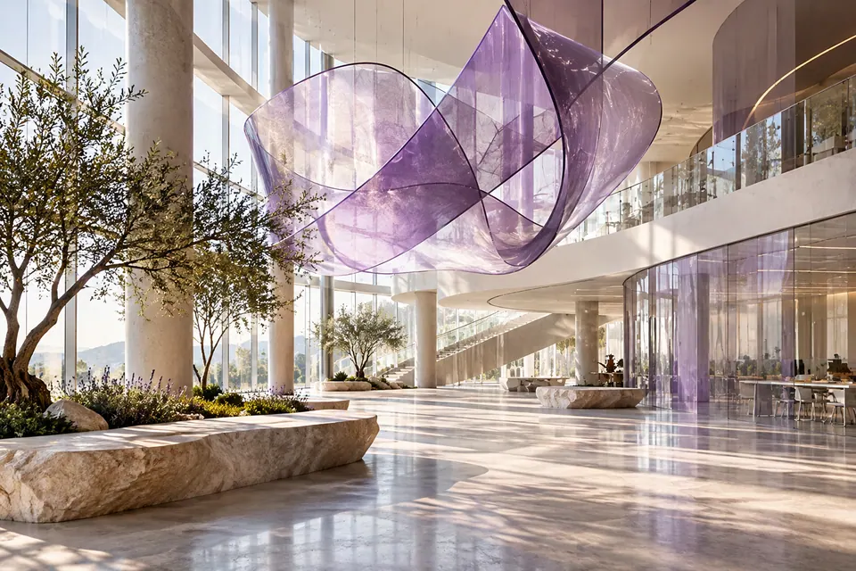 A striking contemporary research building interior with translucent glass partitions and a floating sculptural violet installation, bright open architecture