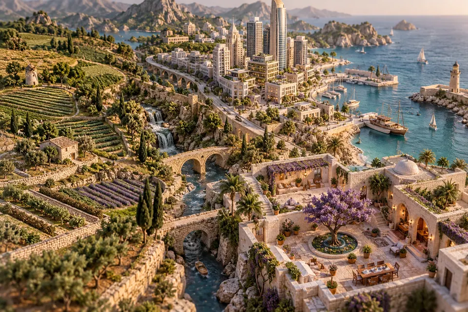 A bird's-eye conceptual landscape transitioning from fields to a contemporary city, a coastal harbour and a cultural courtyard