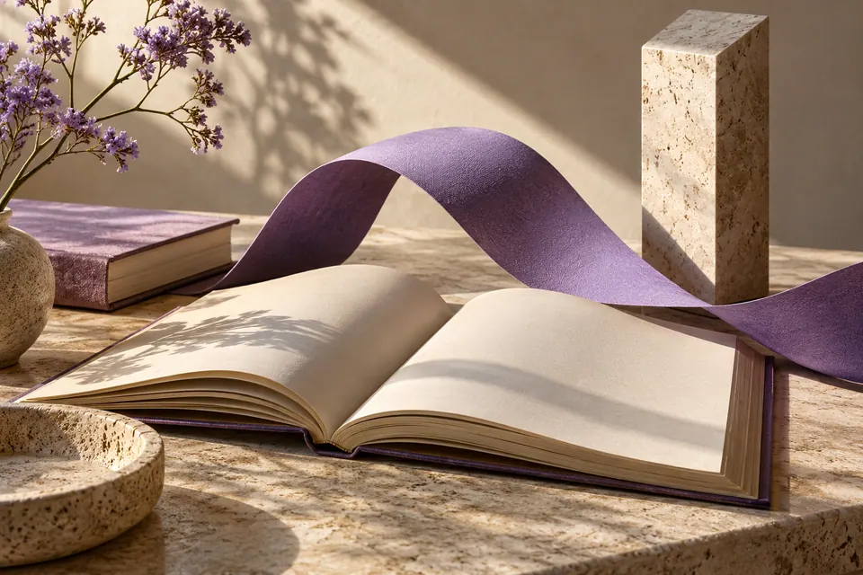 An editorial still life of open blank books, an architectural prism and a sculptural violet paper ribbon on a warm stone desk