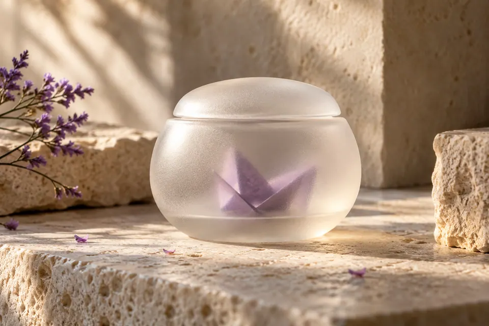 A frosted glass vessel sheltering a small folded violet paper object, private contents only softly visible