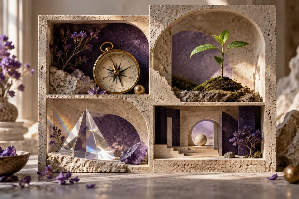 An elegant cabinet of curiosities containing a compass, a seedling
