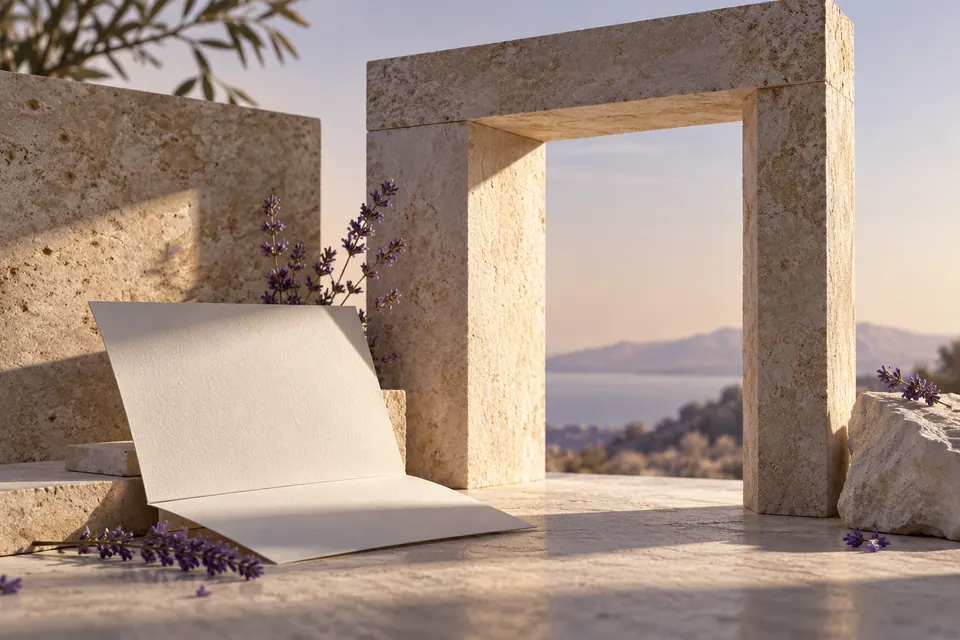 Carefully balanced architectural stone planes creating a sturdy open doorway, a blank folded document resting beside it