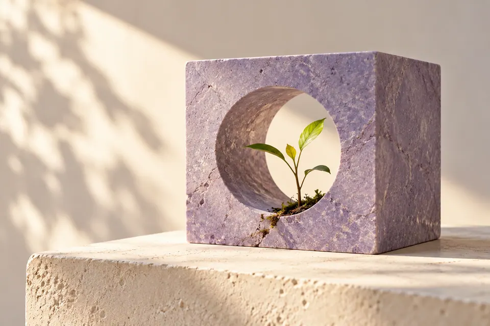 A tiny delicate seedling growing through an opening in a large geometric lavender stone cube, generous negative space